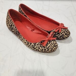 Zara Woman Animal Print Leather Ballet Flats Shoes Coral Red Bow US6.5/EU37
